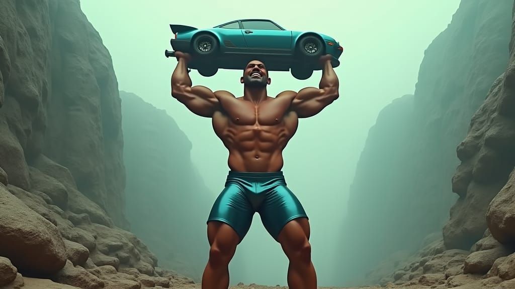 Giant Bodybuilder Lifts Car in Fantasy Landscape
