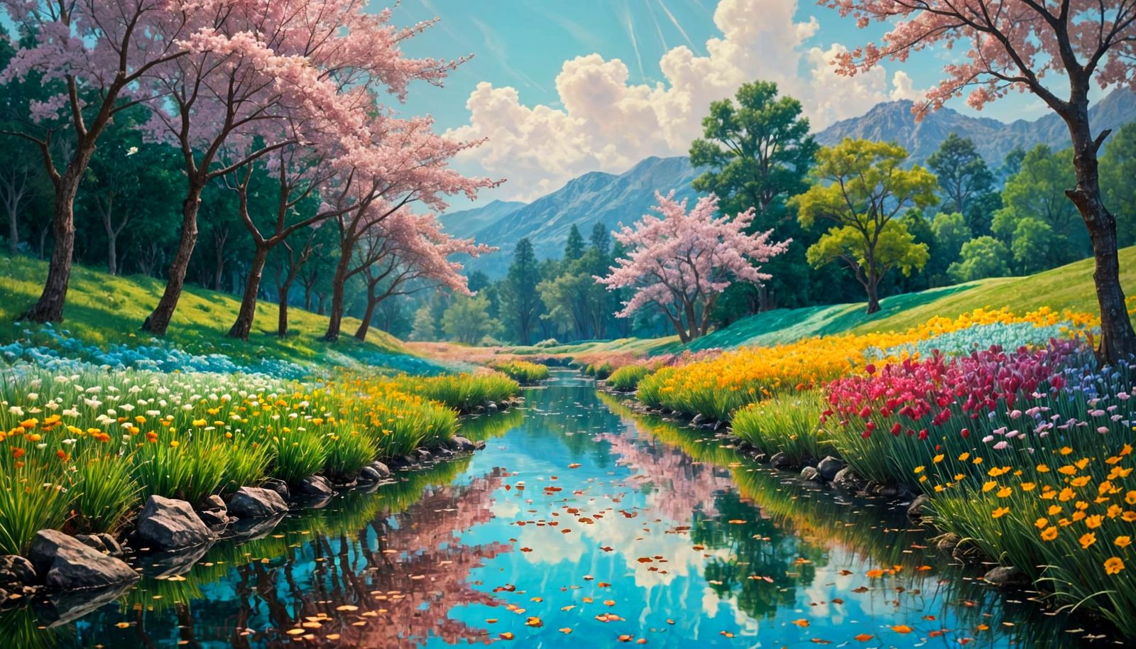 Vibrant Springtime Catamaran Sails Through Blooming Gardens