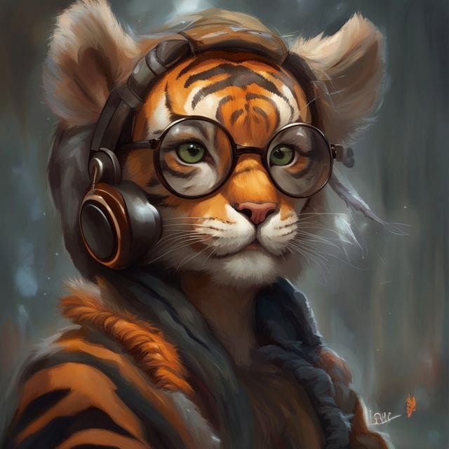Cute Tiger Girl with Glasses, Digital Illustration