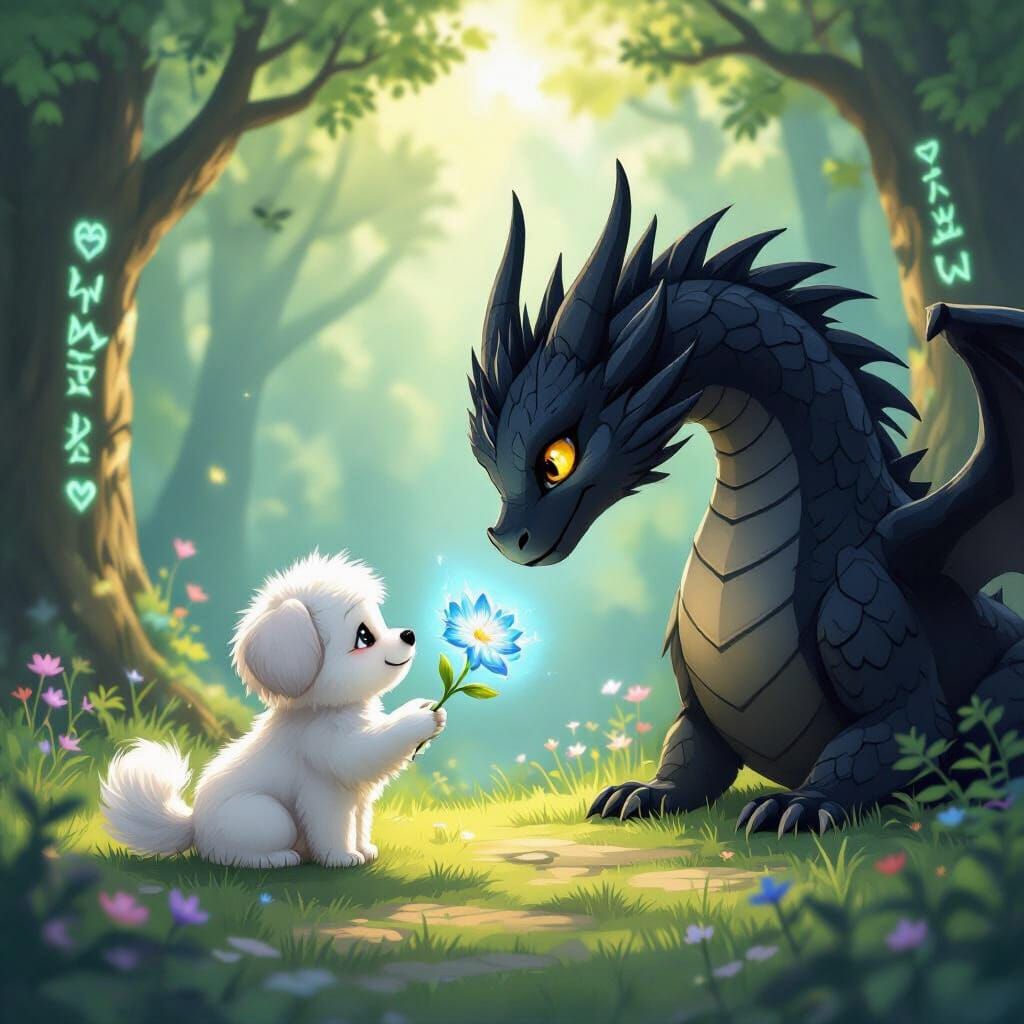 Fluffy Dog Offers Magic Flower to Ancient Dragon