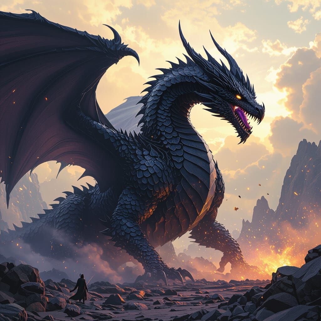 Colossal Black Dragon Rends Earth in Dark Fantasy Art