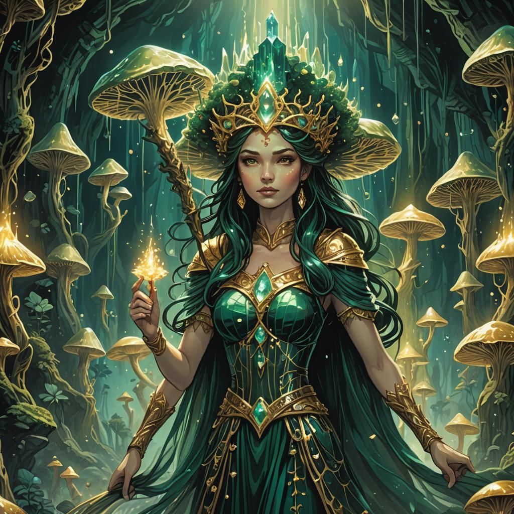 Mysterious Goddess with Crystal Staff in Cavern