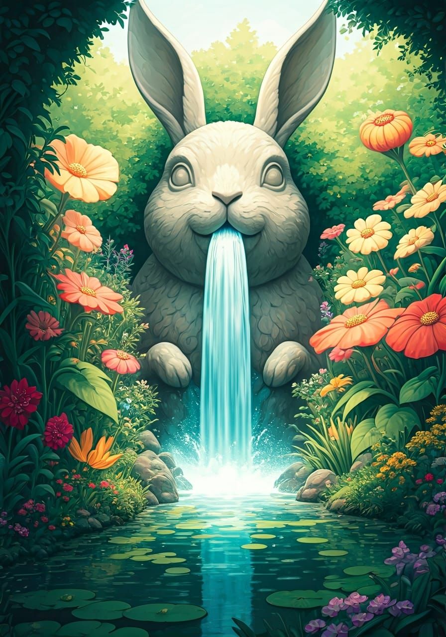 Rabbit Statue Waterfall in Whimsical Garden
