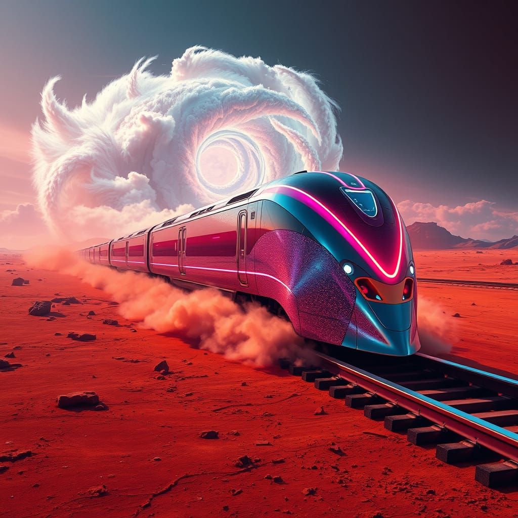 Sleek, Iridescent Train Speeds Across Barren, Rust-Red Plane...
