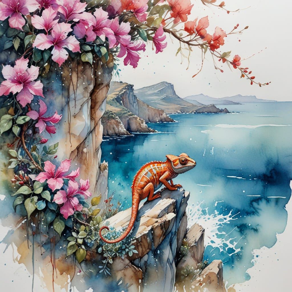 Mediterranean Cliffside Oasis in Vibrant Watercolors