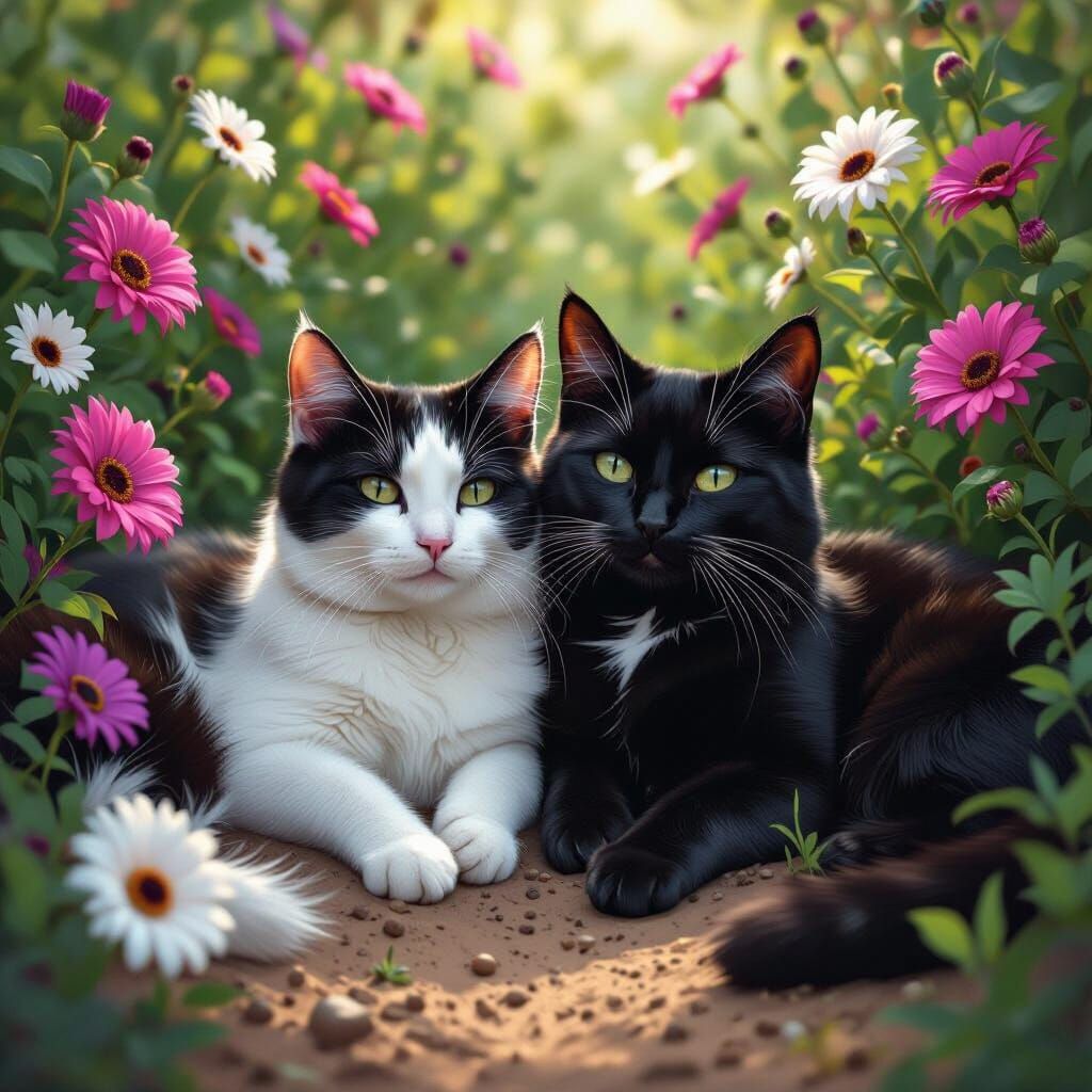 Black and White Cats Among African Daisies