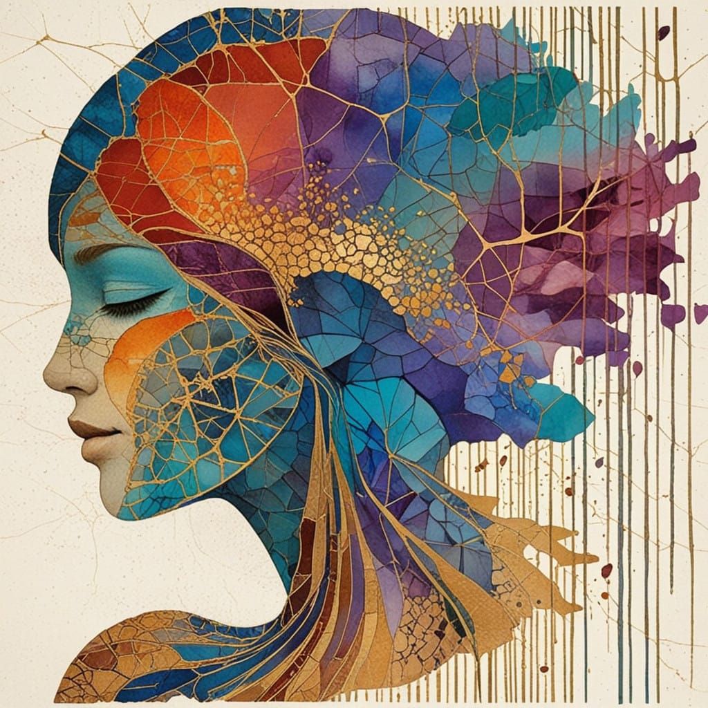 Mosaic Portrait in Vibrant Ocean Sunset Colors as Encaustic...