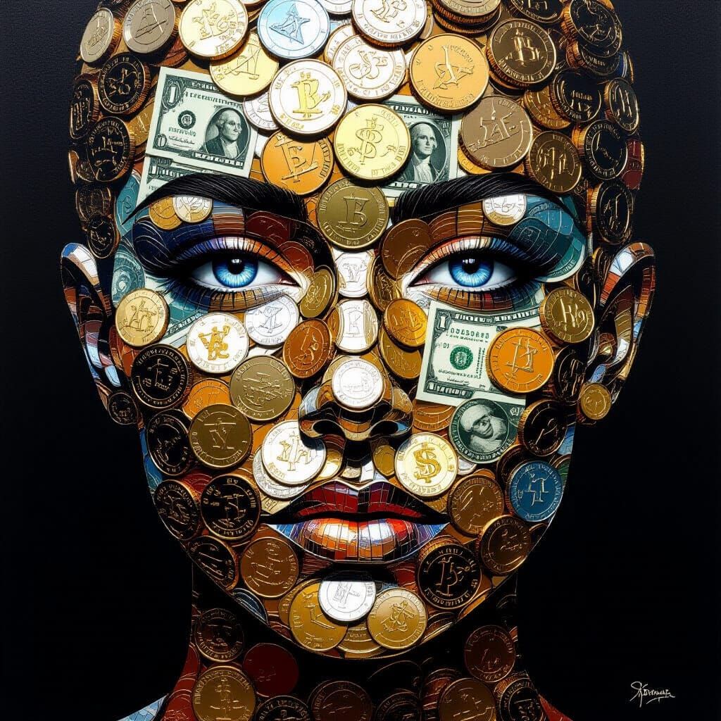 Surreal Coin Face Portrait with Gemstone Eyes