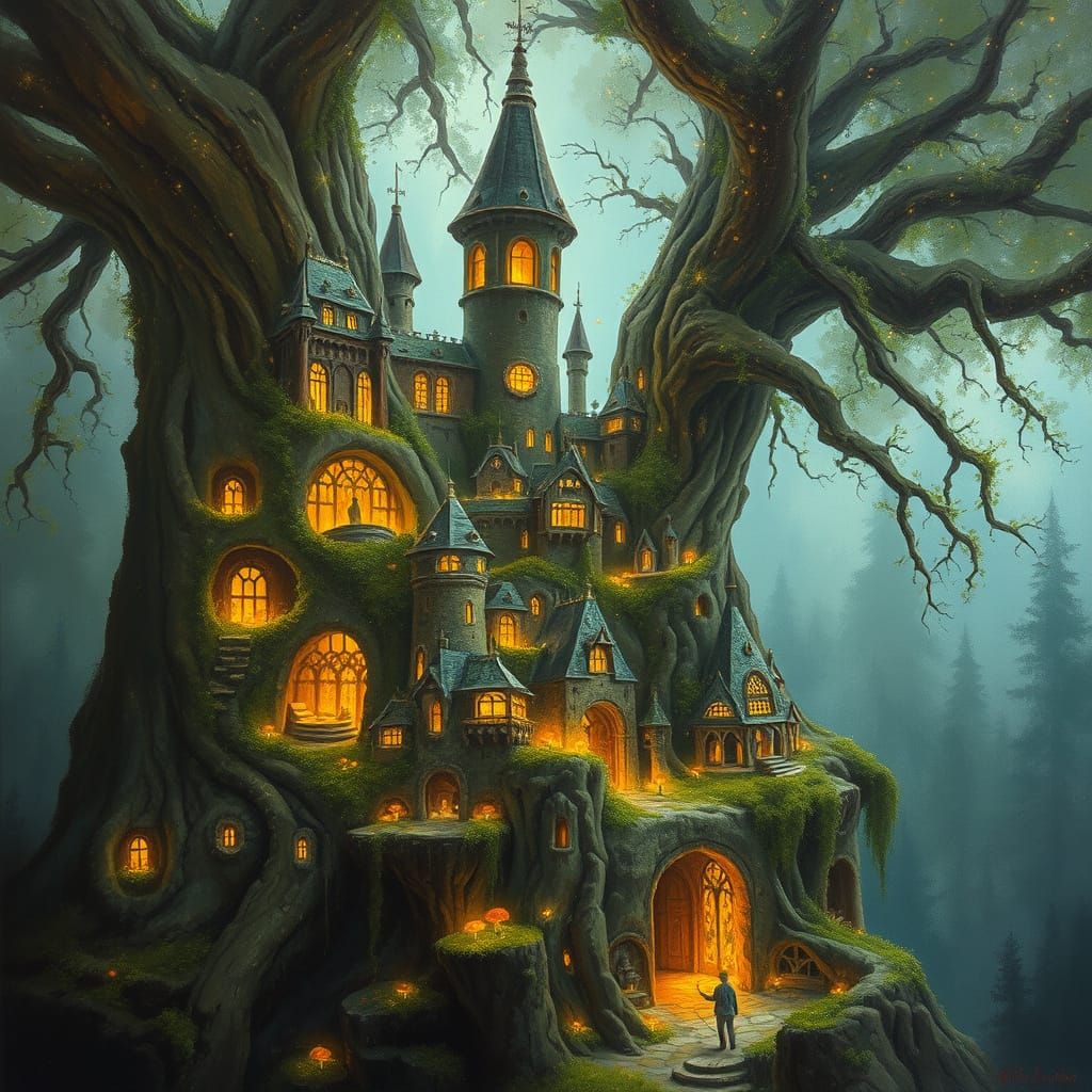 Enchanted Forest City in Petrified Tree, Impressionistic Sty...