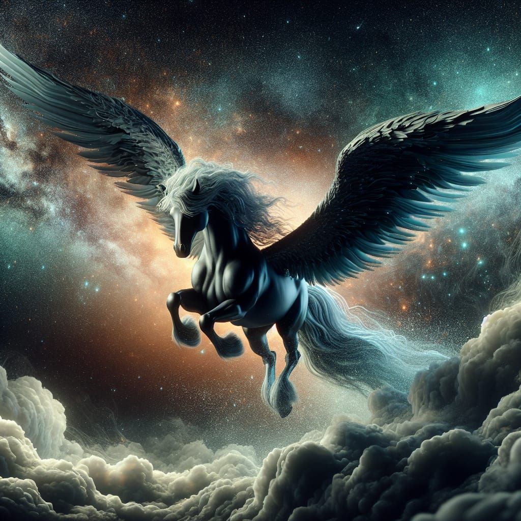Majestic Black Pegasus Soaring Through Starry Skies
