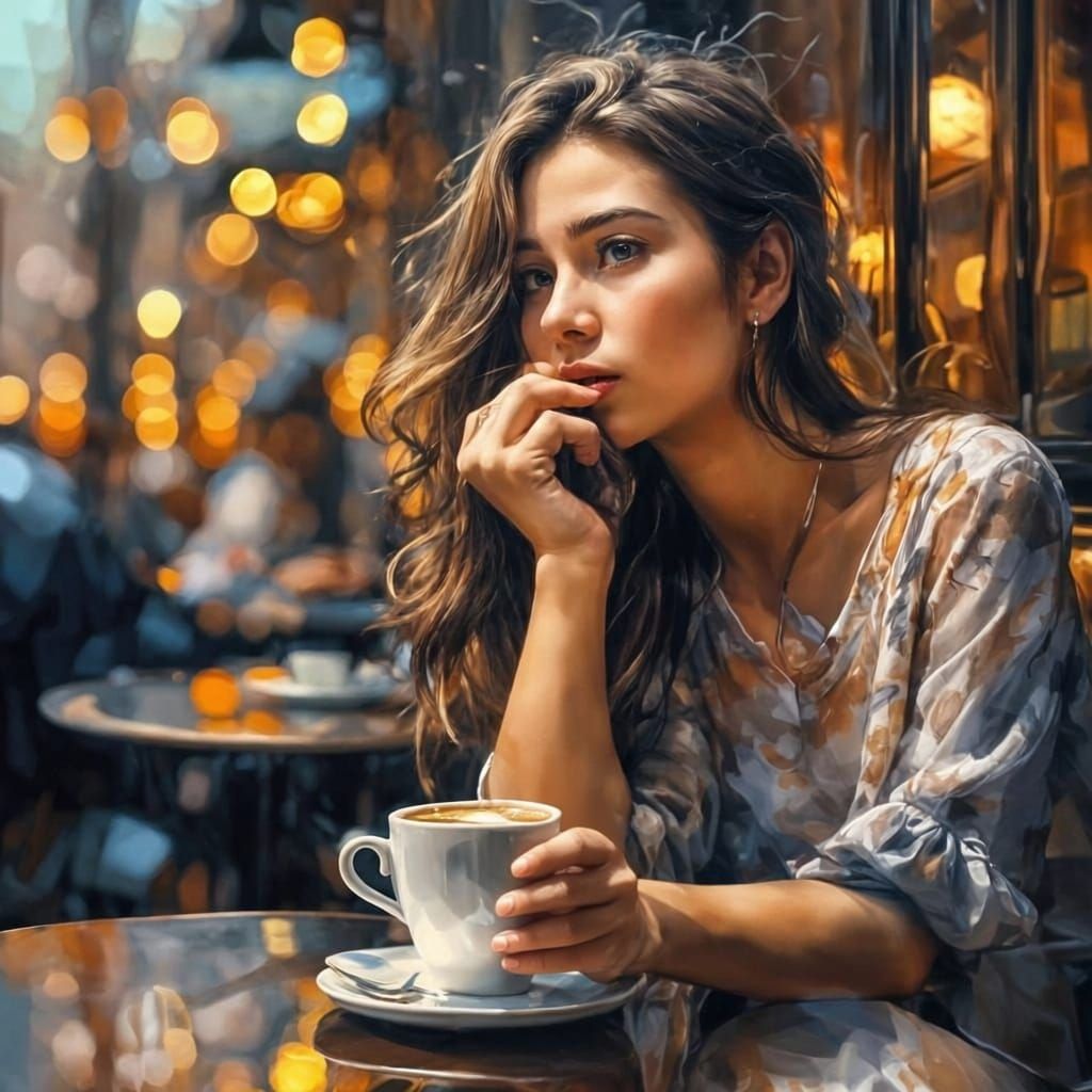 Parisian Cafe Scene with Girl and Coffee, White on White