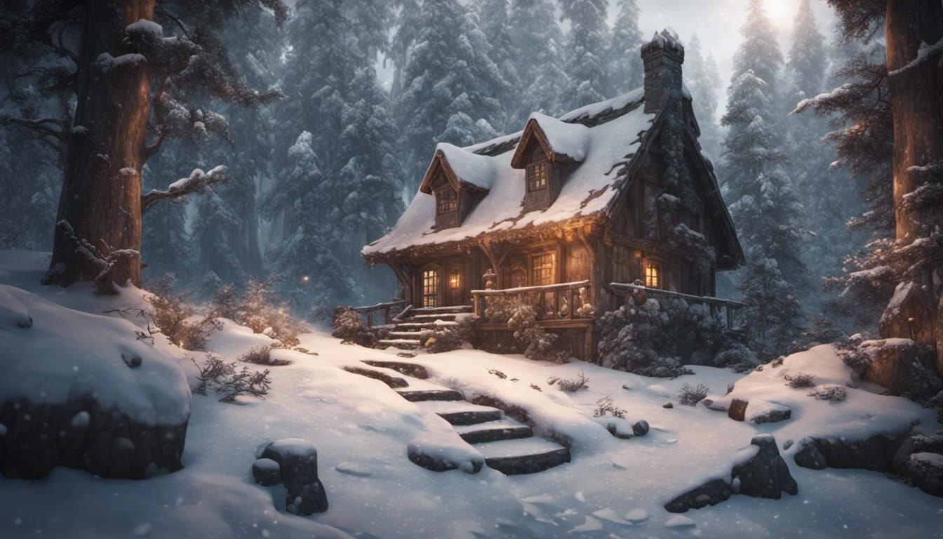 Rustic Cottage in Snowy Forest