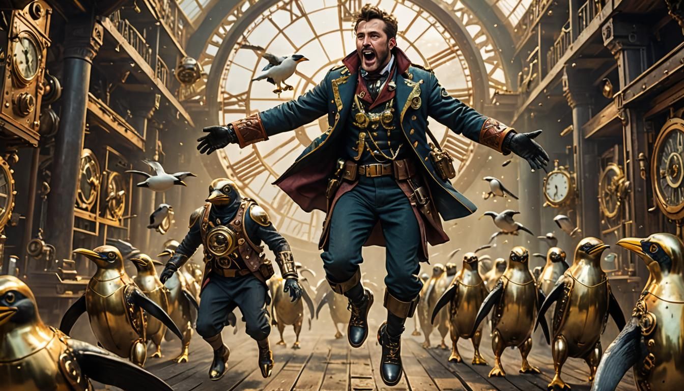 Steampunk Inventor's Mechanical Penguin Uprising