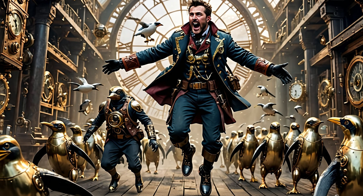 Steampunk Inventor's Mechanical Penguin Uprising