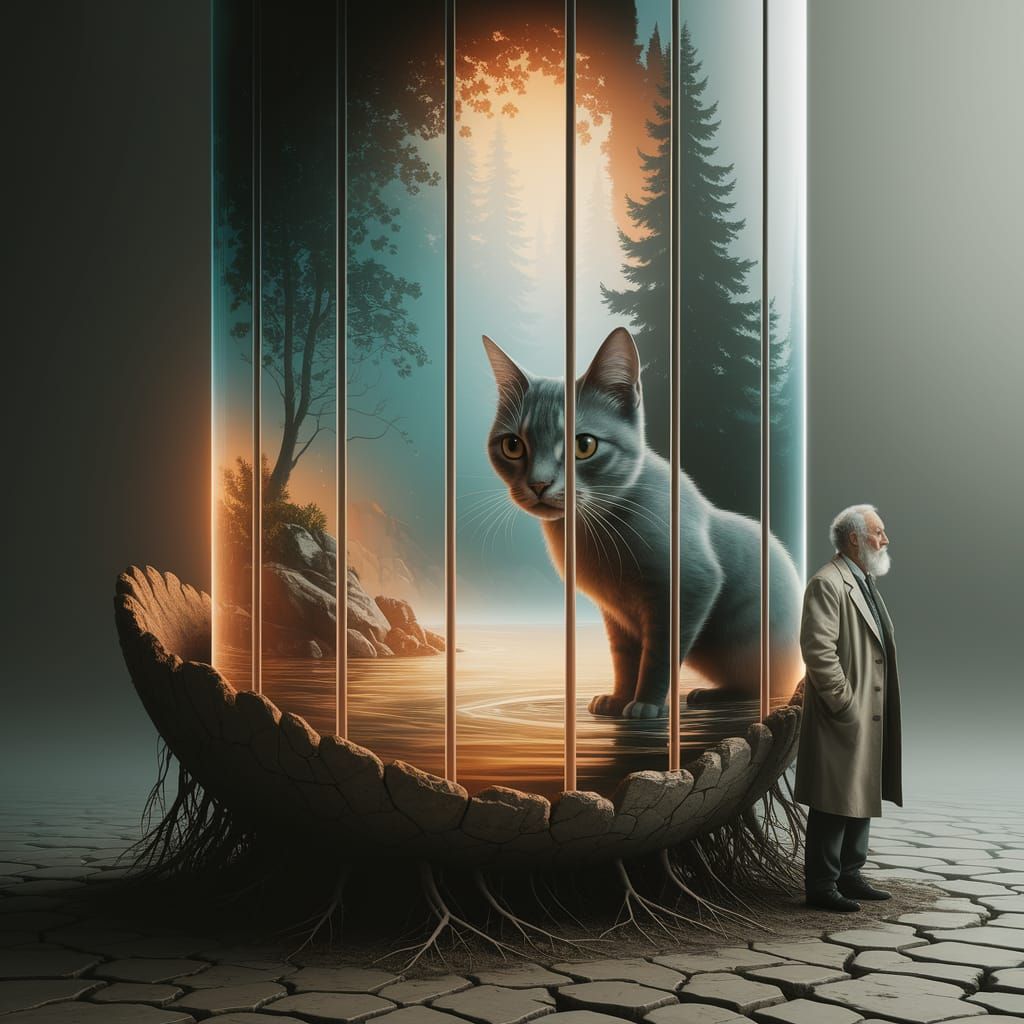 Mystical Cat in Fossil Structure: Surreal Painterly Scene