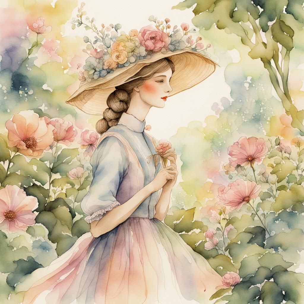 Elegant Lady at Garden Party in Watercolor Style