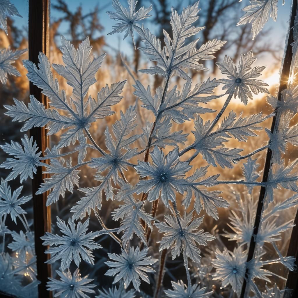 Delicate Ice Flowers on Frozen Windowpane