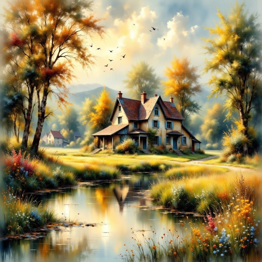 Impressionist Farmhouse at Golden Hour