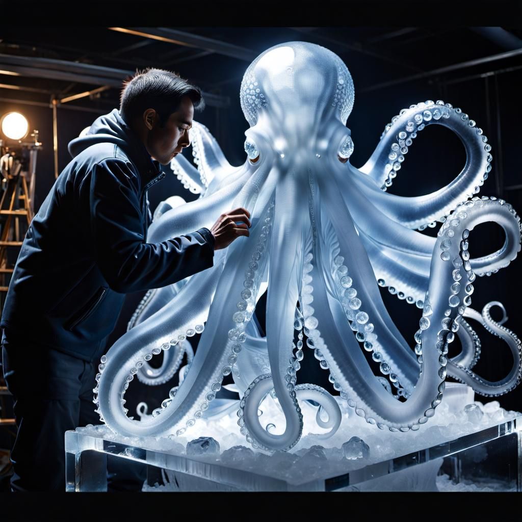 Giant Crystal Octopus Ice Sculpture in Studio