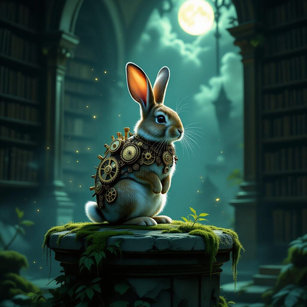 Clockwork Rabbit in Ancient Library