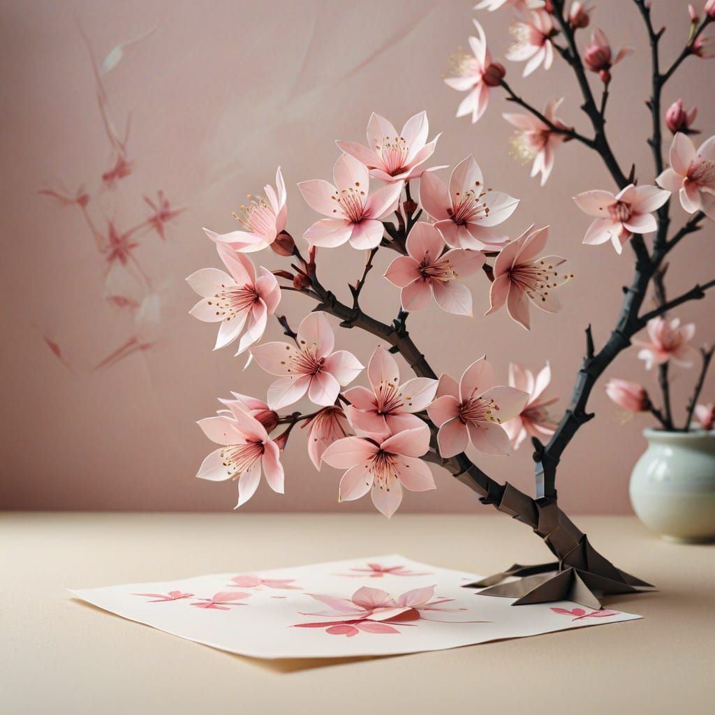 Soft Focal Origami Cherry Blossom Tree in Traditional Japane...