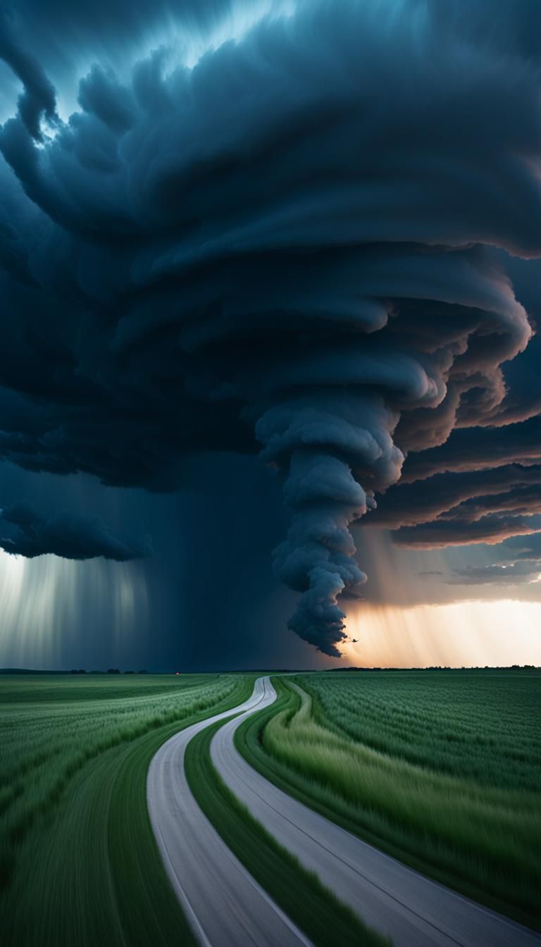 Tornado tearing across a midwestern prairie at dusk, dynamic...
