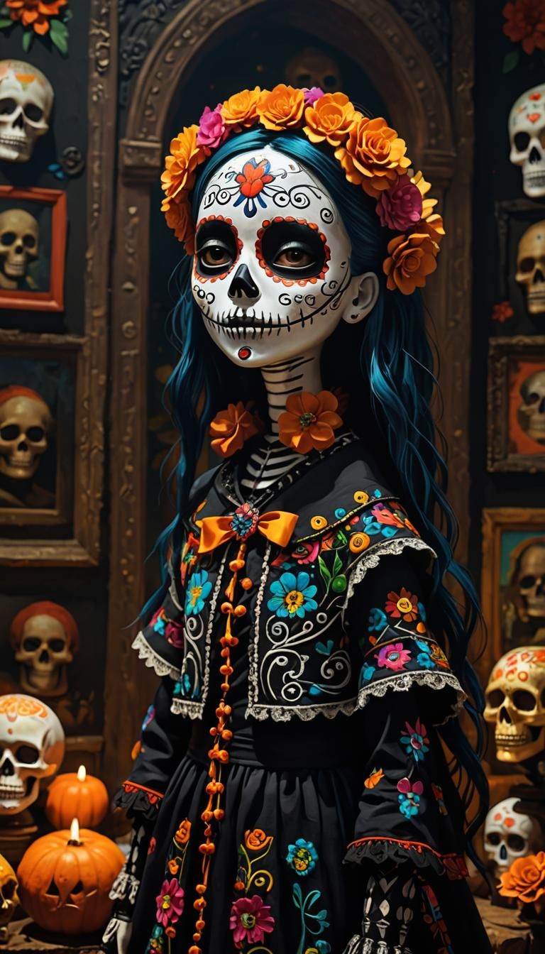 Dia de Muertos Girl in Colorful Museum Exhibit
