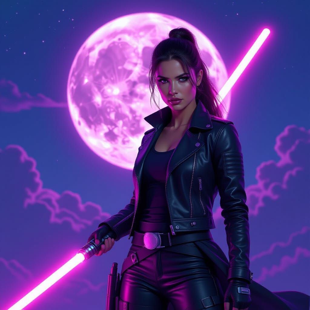 Jedi Woman with Purple Lightsaber Under Neon Moon