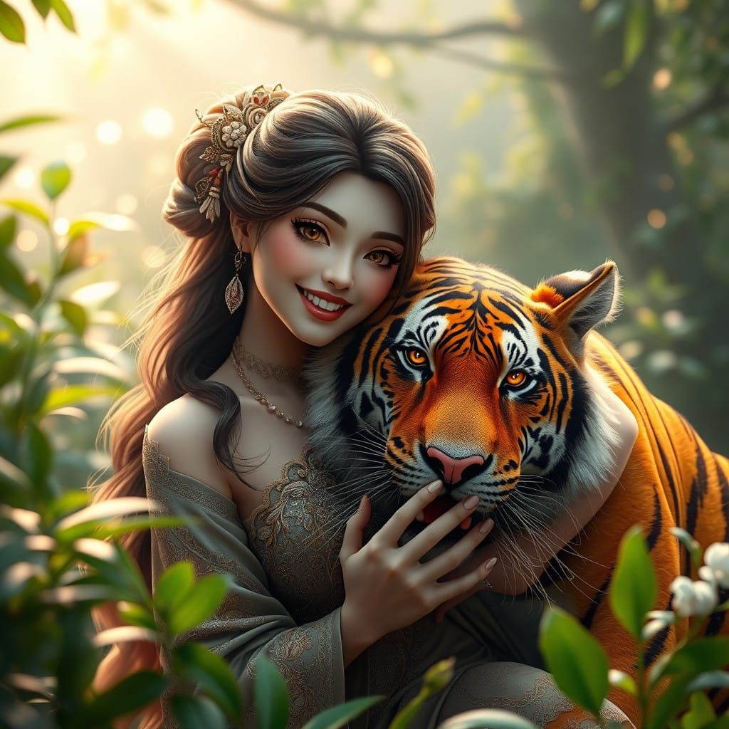 Stunning Lady in Elegant Attire Embracing a Majestic Tiger i...