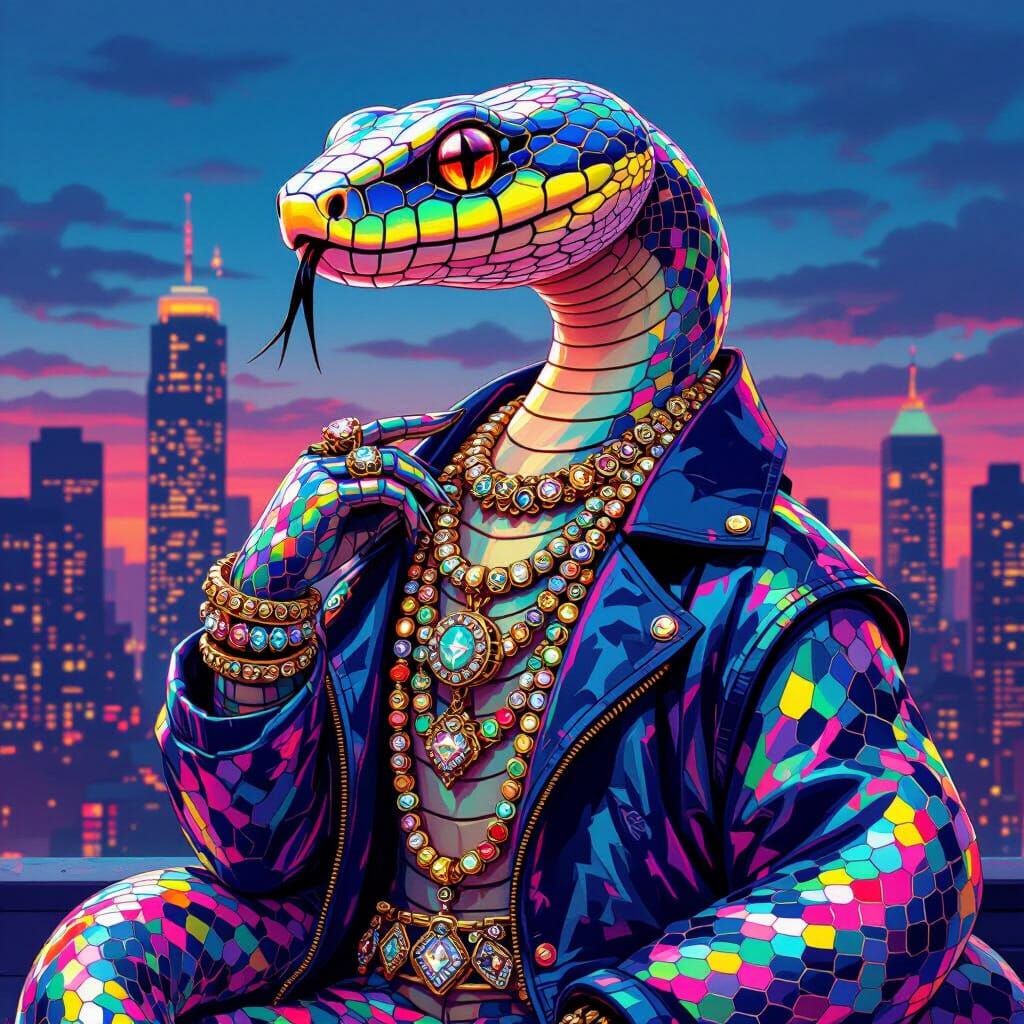 Iridescent Snake in Cityscape, in Surrealist Style