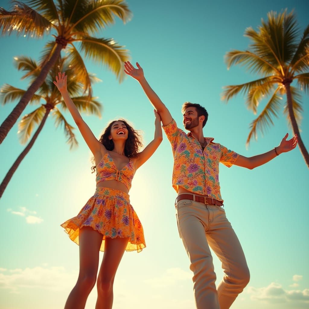 Vibrant Retro Dancers in Tropical Paradise