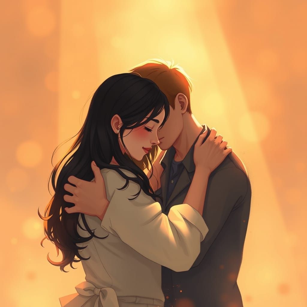 Intimate Embrace with Golden Lighting in Anime Style