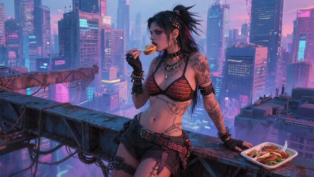 Punk Rock Woman on Steel Beam with Brick Bra