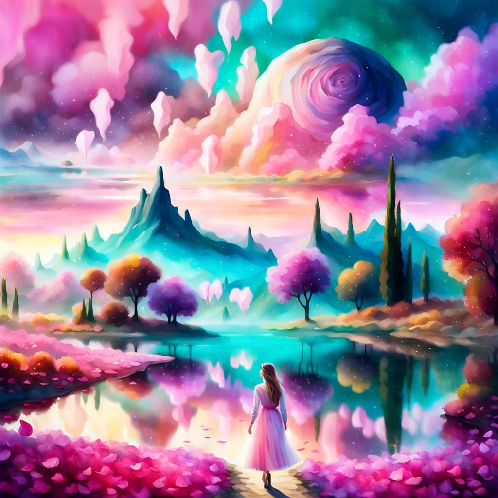 Dreamlike Surrealism: Pink Dress in Rose Landscape