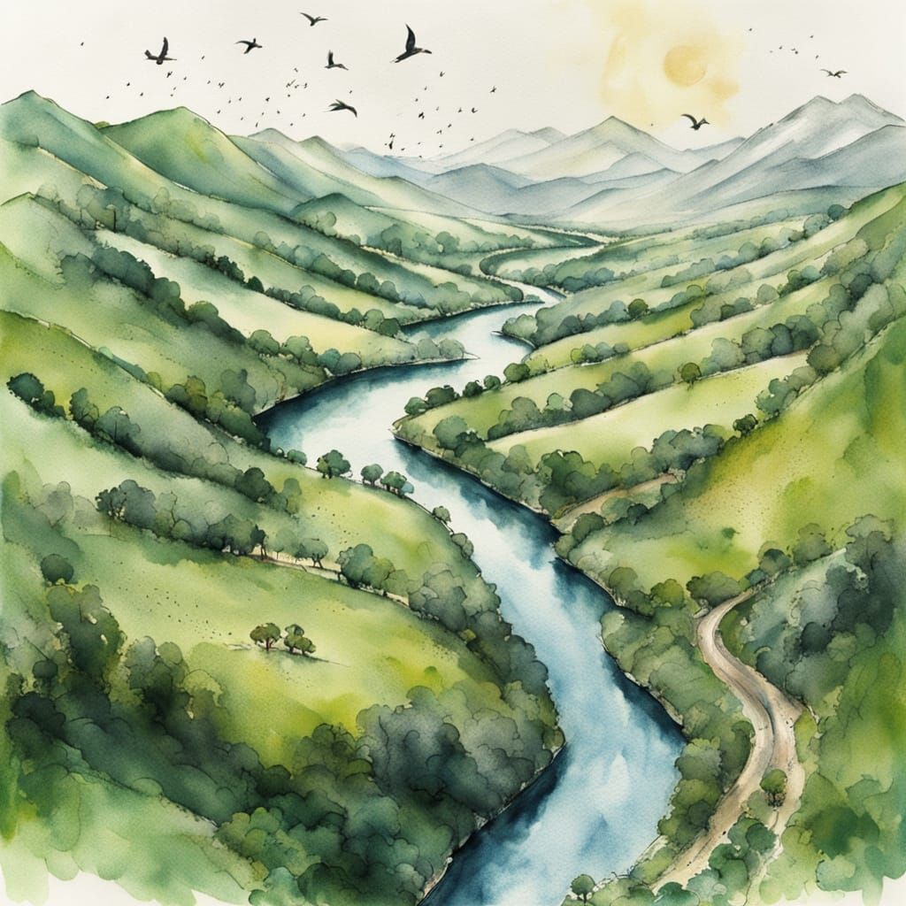 Watercolor River Valley with Boats and Birds