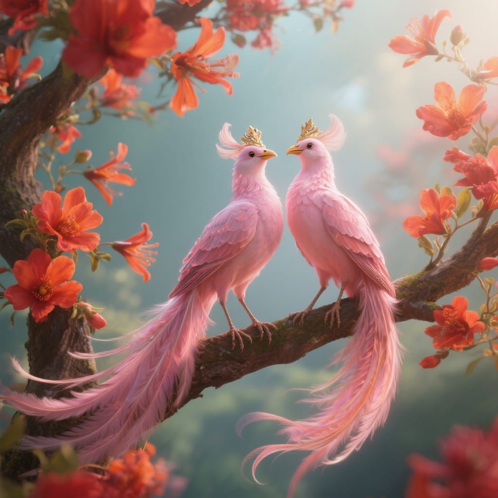Majestic Royal Birds on Flowering Branch in 3D