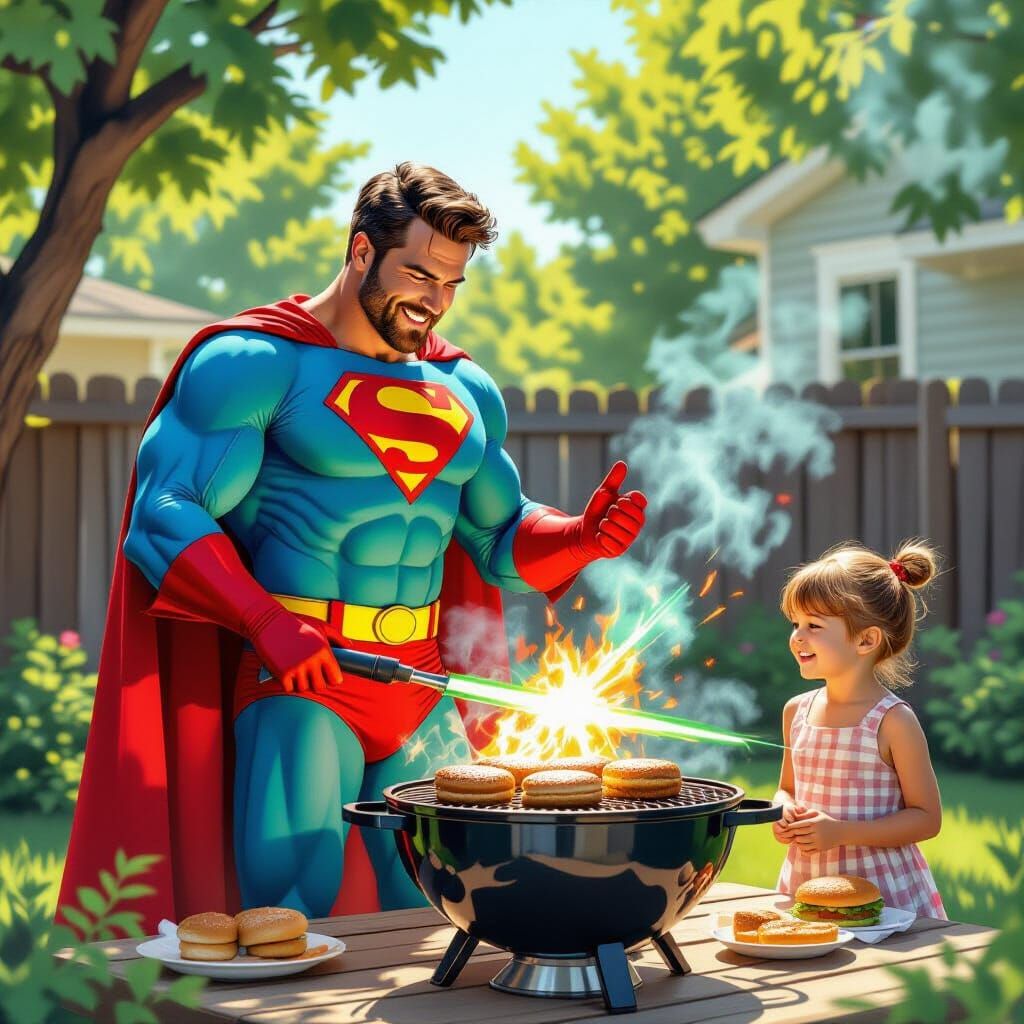 Superhero Dad Grills with Laser Vision, Rockwell Style