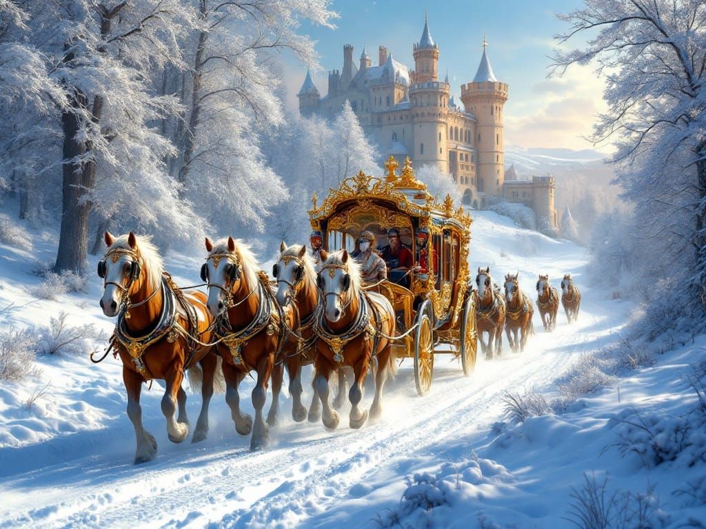 Majestic Royal Carriage Procession through Snowy French Coun...
