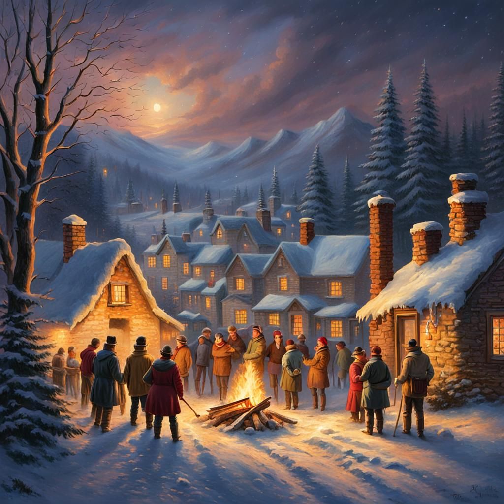 Winter Village Bonfire in Luminist Style
