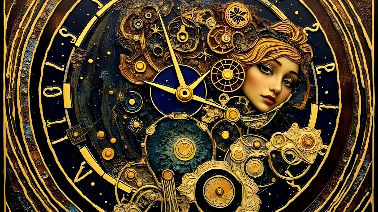 Whimsical Clockwork City in Nebulae, Art Nouveau Style