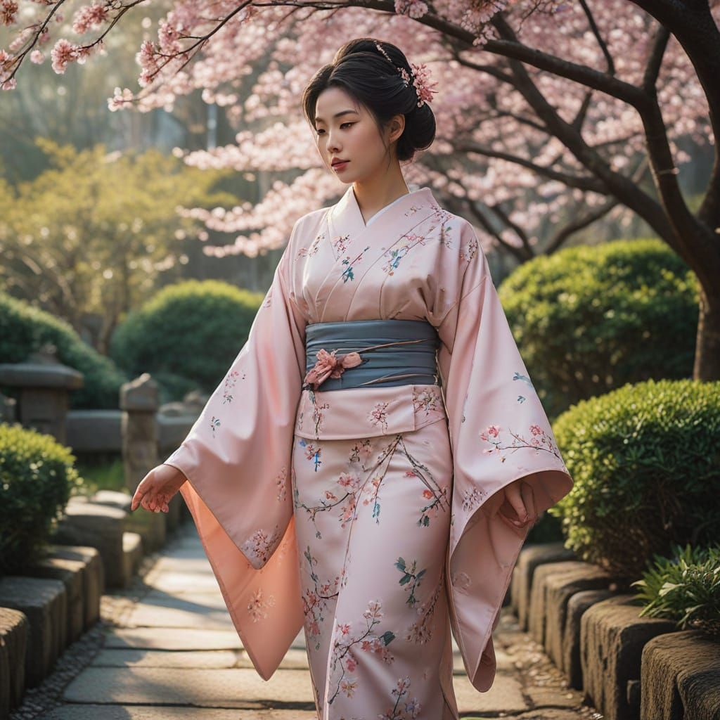 Ethereal Geisha in Lush Cherry Blossom Garden, 3D Anime Art