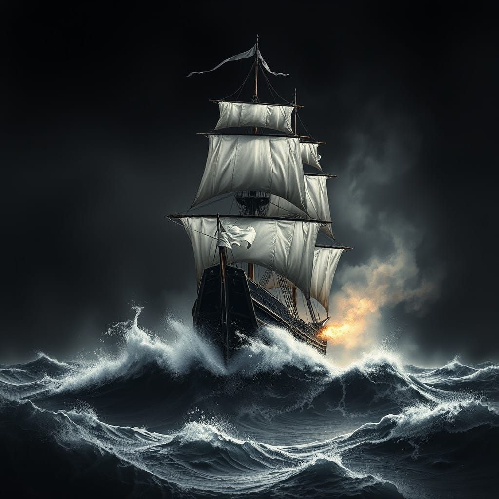Dark Pirate Ship in Turbulent Waves, Hyper-Realistic Art