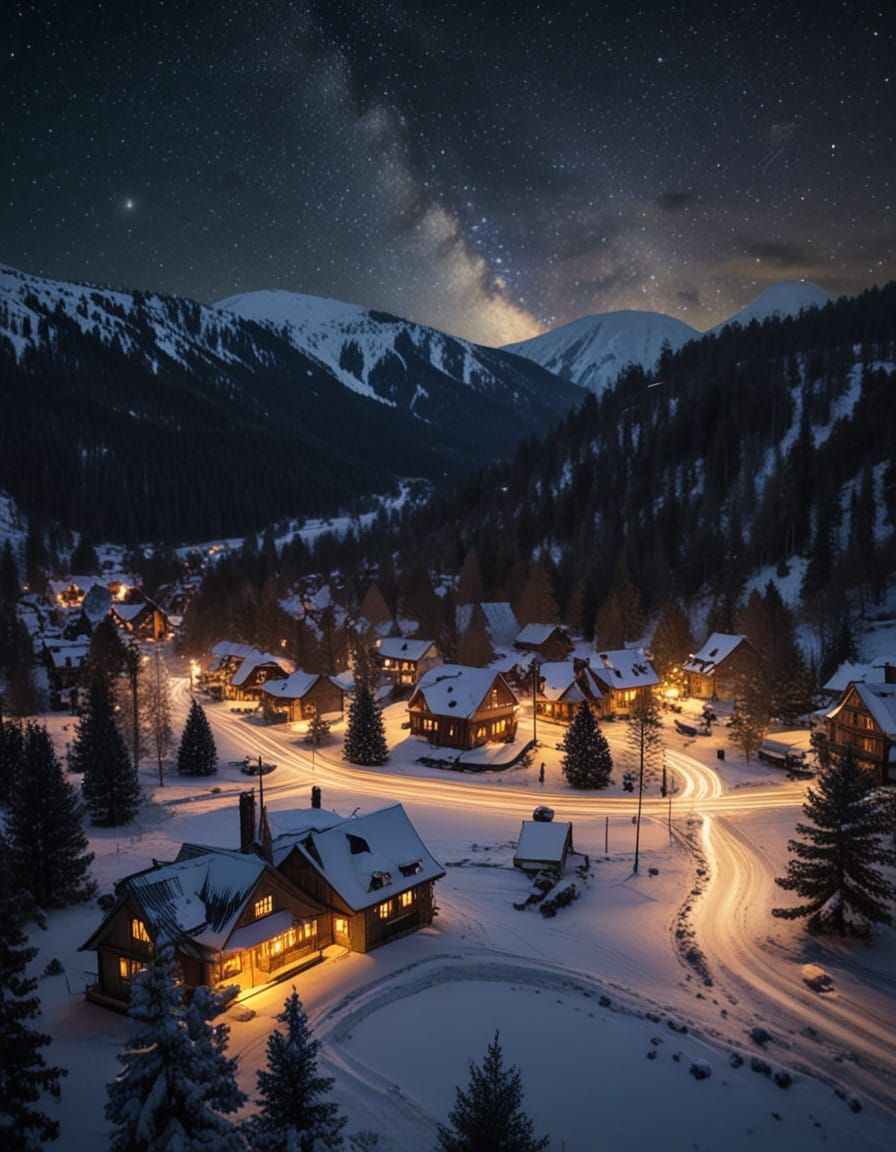 Majestic Christmas Eve Scene in Snowy Mountain Valley
