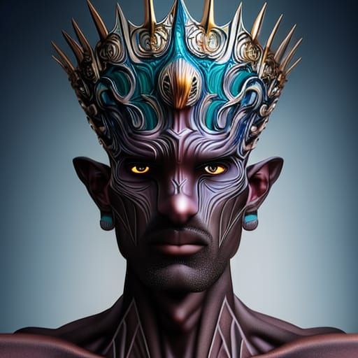 Hyperrealistic Alien King with Crown and Cup in 8k