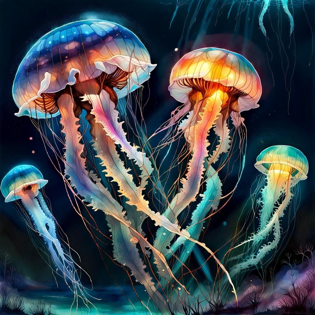 Bioluminescent Jellyfish in Watercolor Fantasy Seascape