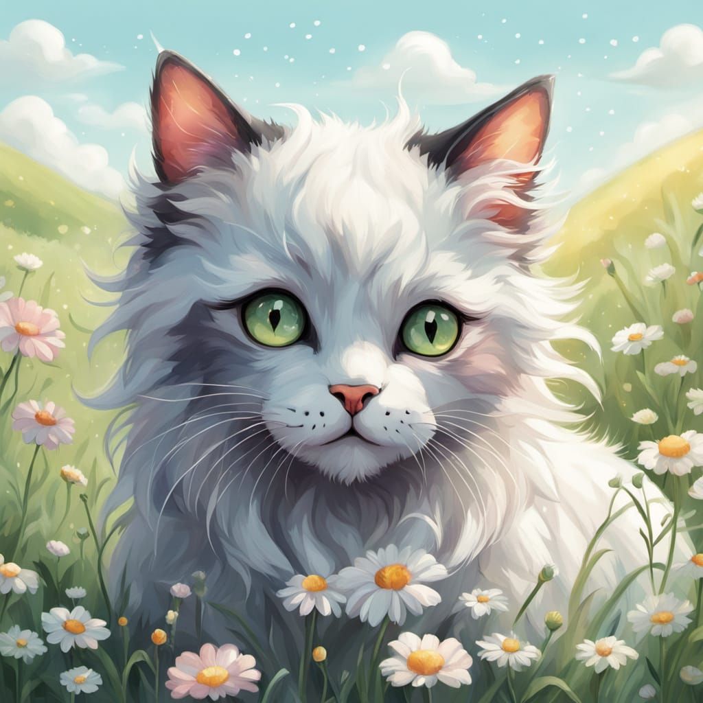 Cat-Cow Hybrid Napping in Sunny Meadow, Kawaii Style