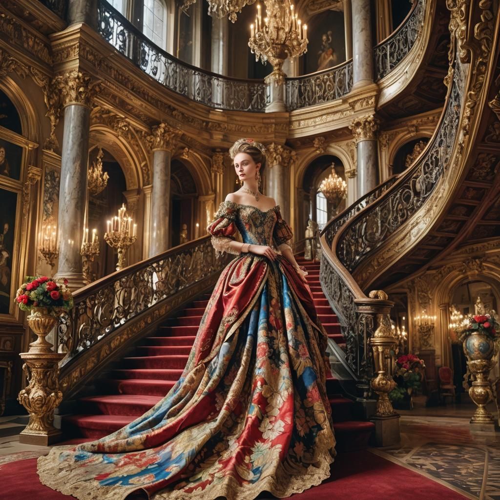 Lady in Gown on Baroque Staircase, Art Nouveau Style
