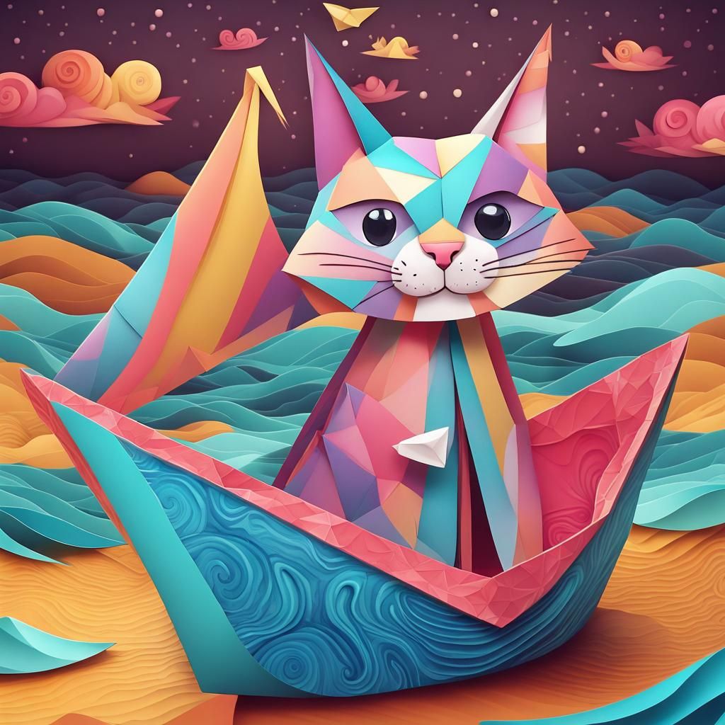 Cat Sailing on Origami Boat in Papercraft Style