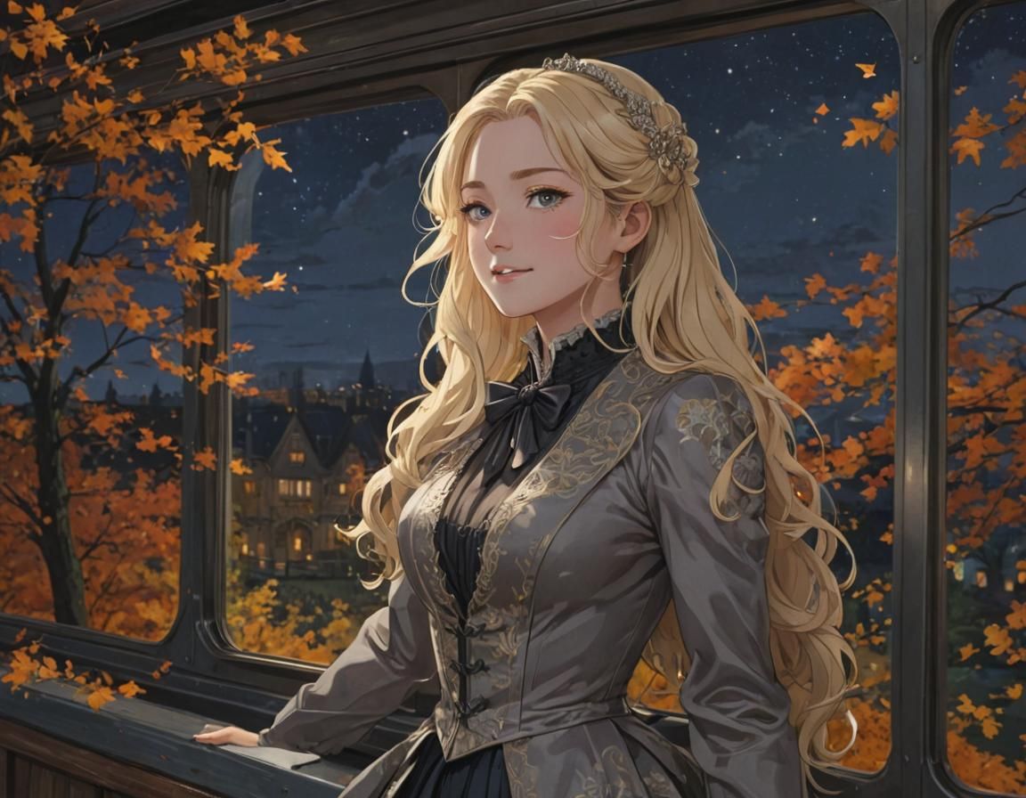 Anime Lady on Train at Night, Cel-Shaded Style