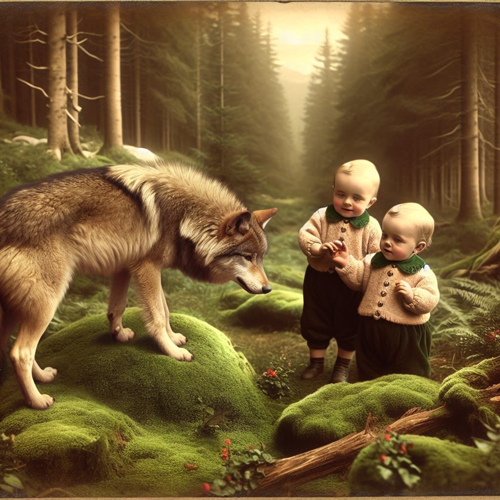 Boys and Wolf in Forest Glen: Early Photography Style